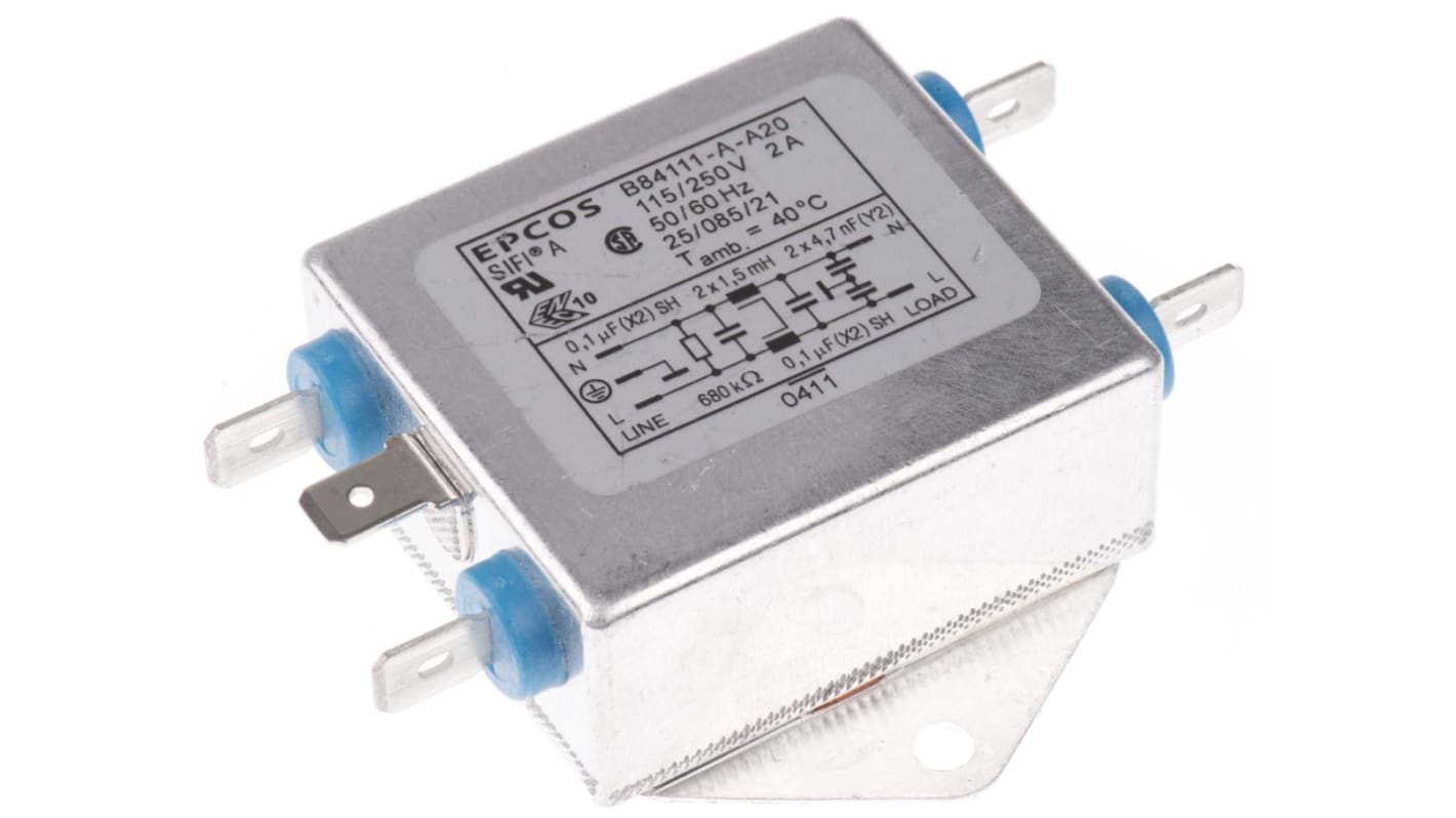 EPCOS B84111A EMV-Filter, 250 V AC/DC, 2A, Flanschmontage, Flachstecker, 1-phasig 0,369 mA / 60Hz Single Stage Zustände