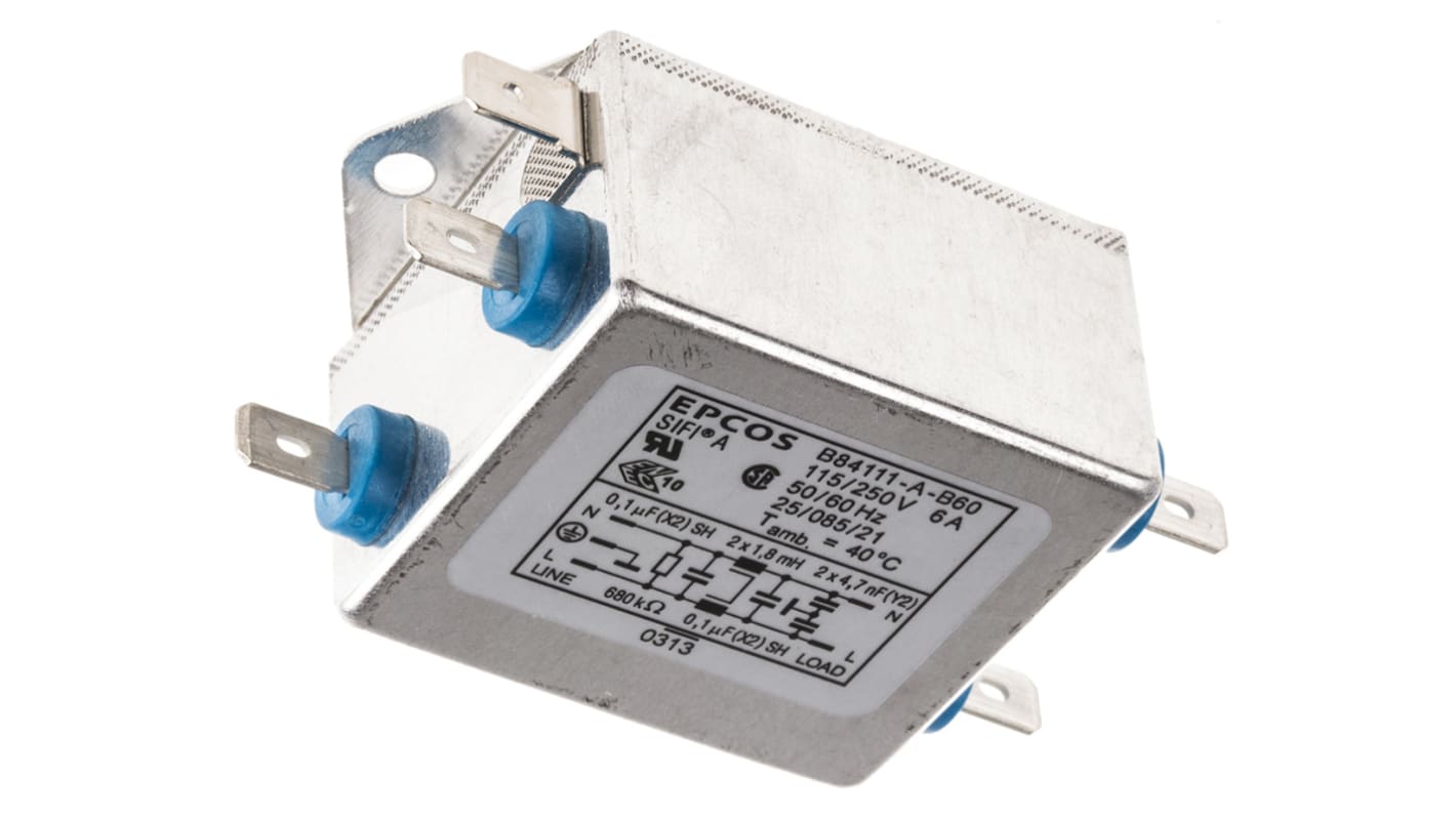 EPCOS B84111A EMV-Filter, 250 V AC/DC, 6A, Flanschmontage, Flachstecker, 1-phasig 0,369 mA / 60Hz Single Stage Zustände