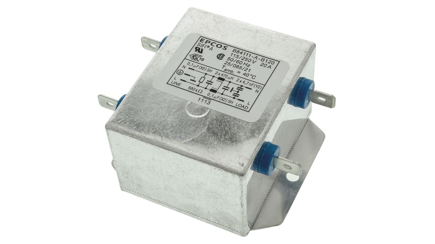 EPCOS B84111A EMV-Filter, 250 V AC/DC, 20A, Flanschmontage, Flachstecker, 1-phasig 0,369 mA / 60Hz Single Stage Zustände