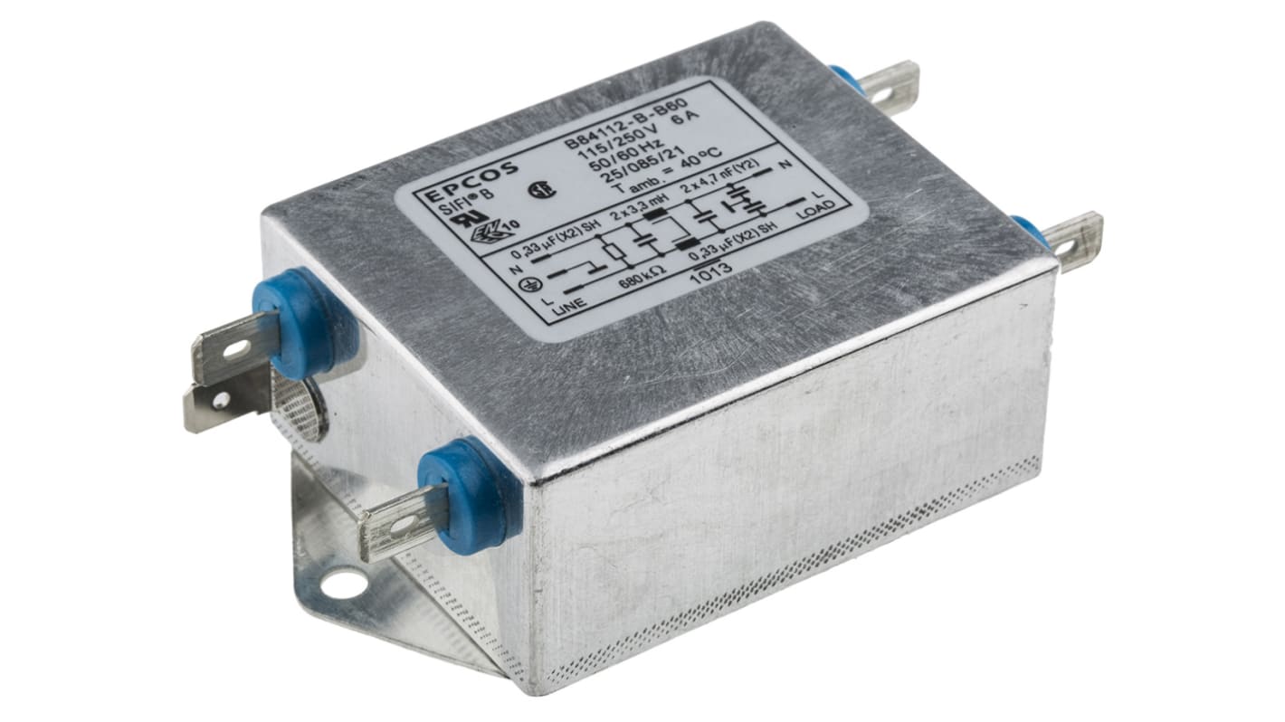 Filtr EMC 6A 1-fazowy 250 V AC 50 → 60Hz 3,3 x 2 mH EPCOS Montaż w obudowie