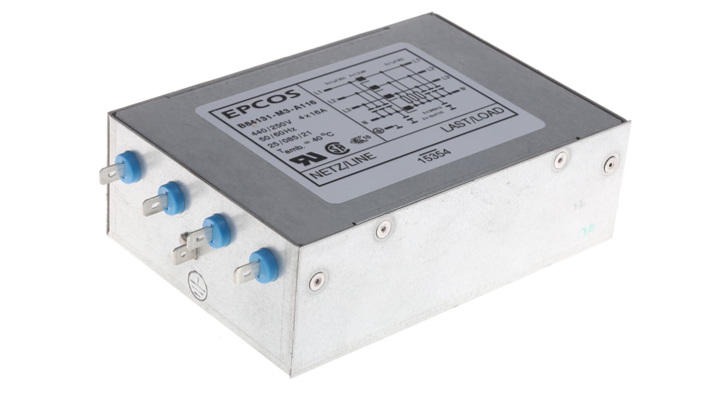 EPCOS B84131 EMV-Filter, 250/440 V-AC, 16A, Flanschmontage, Schraub, 3-phasig 0,094 mA / 50 → 60Hz Single Stage