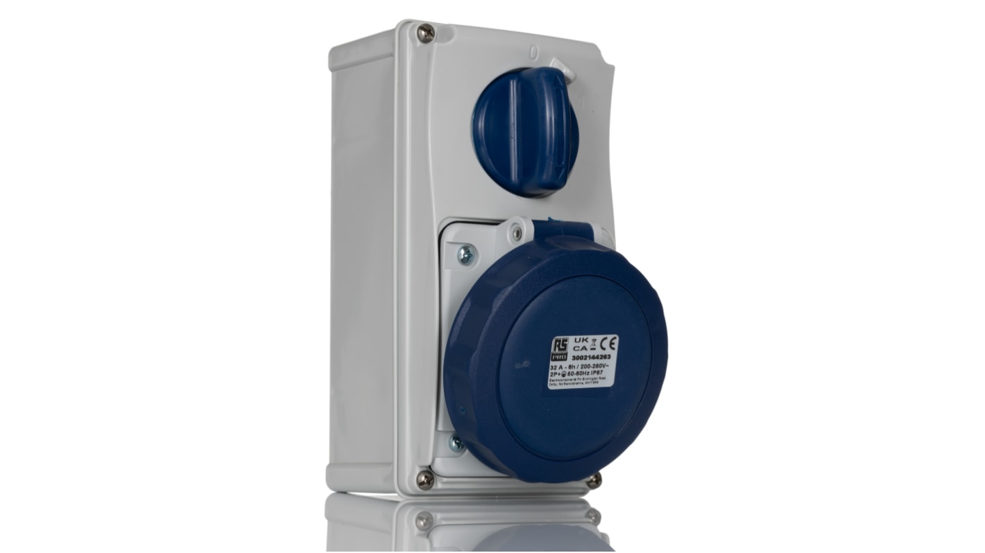 RS PRO IP67 Blue Wall Mount 2P + E Vertical Industrial Power Socket, Rated At 32A, 230 V