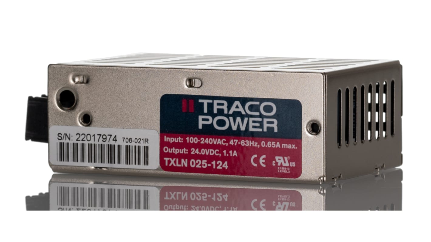 TRACOPOWER Switching Power Supply, TXLN 025-124, 24V dc, 1.1A, 27W, 1 Output, 88 → 264V ac Input Voltage