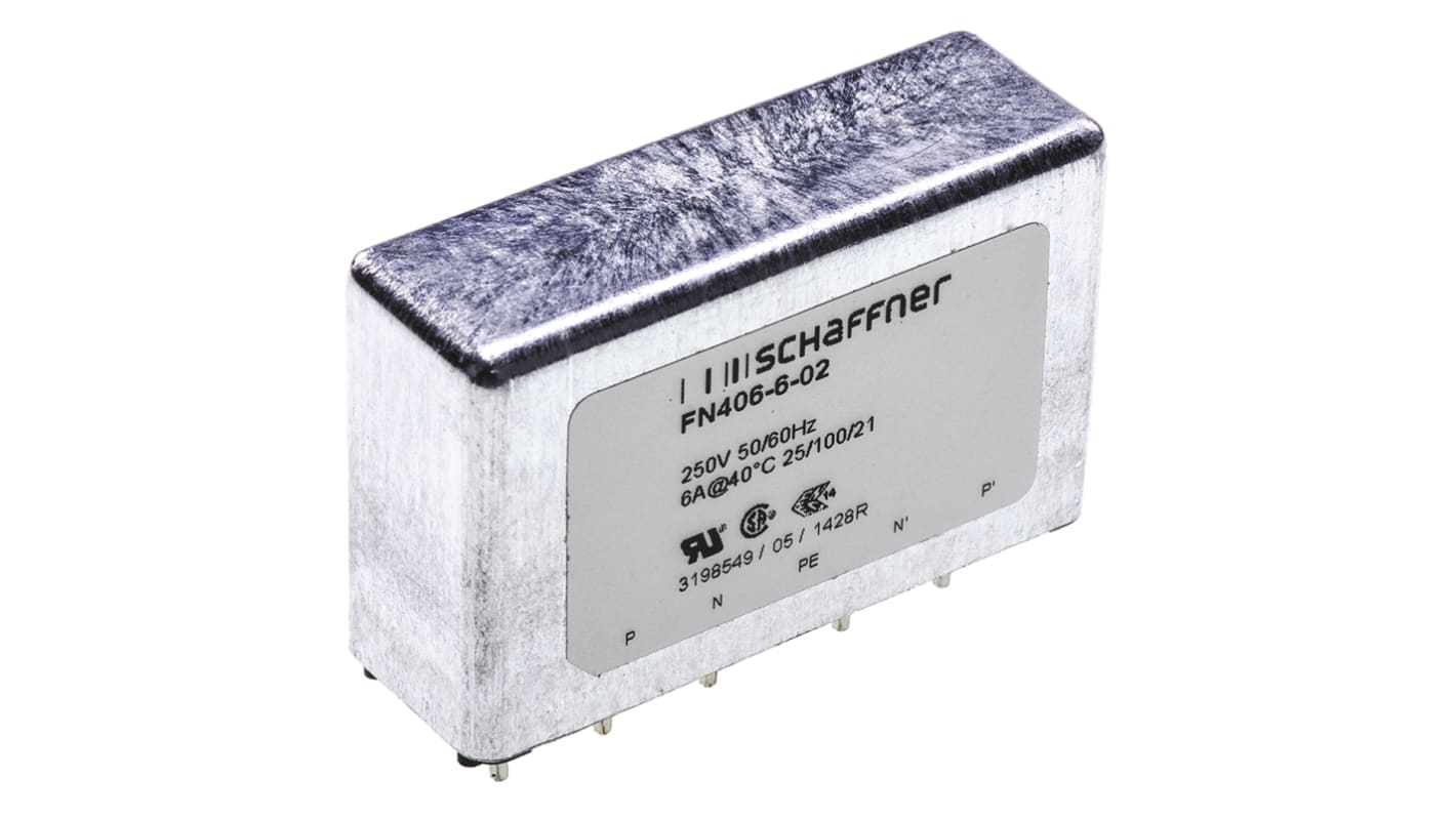 Schaffner FN406 EMV-Filter, 250 V ac, 6A, Leiterplattenmontage, Pin, 1-phasig 0,373 mA / 400Hz Single Stage Zustände