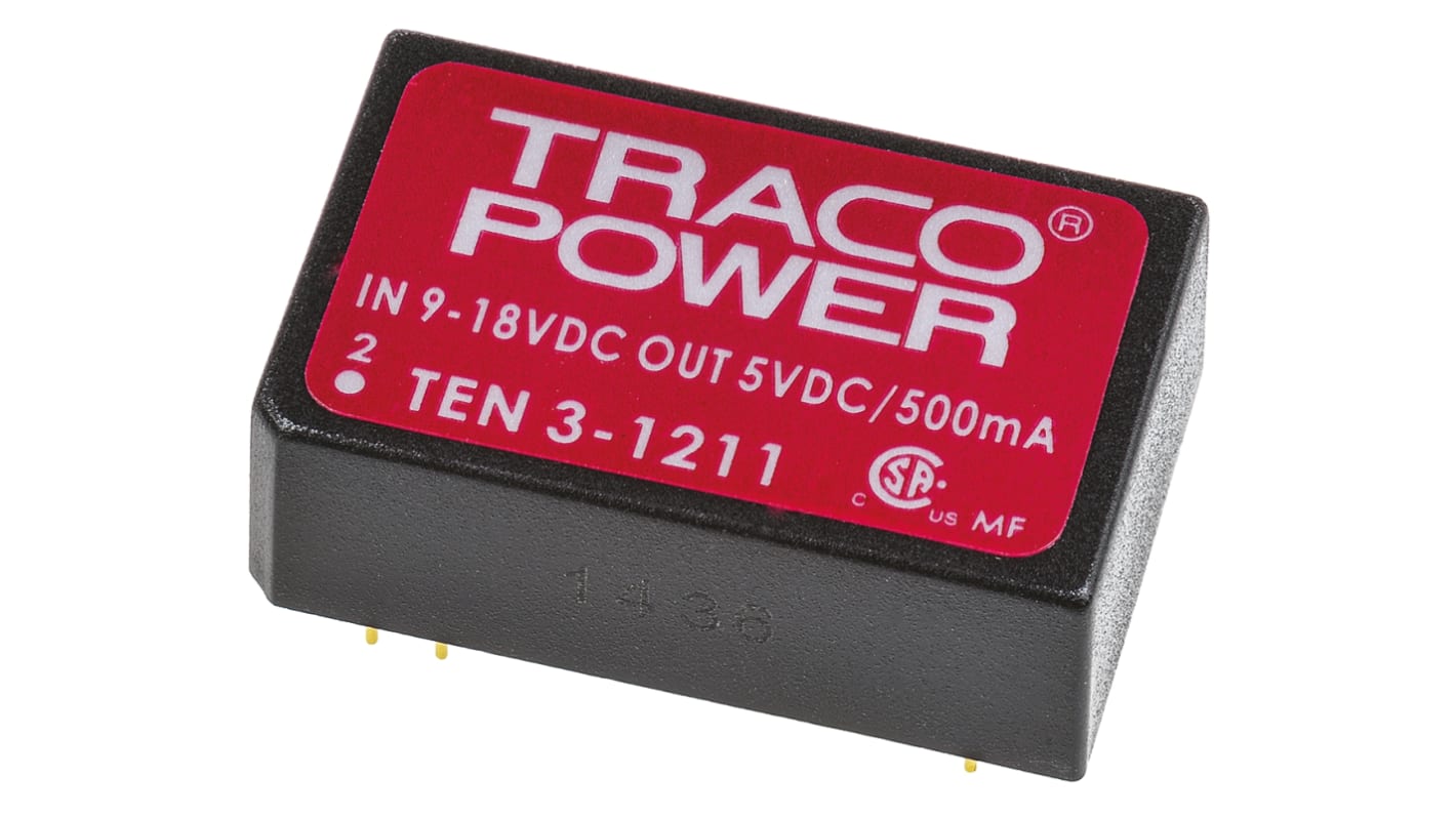 Convertisseur DC-DC TRACOPOWER, TEN 3, Montage traversant, 3W, 1 sortie, 5V c.c., 500mA