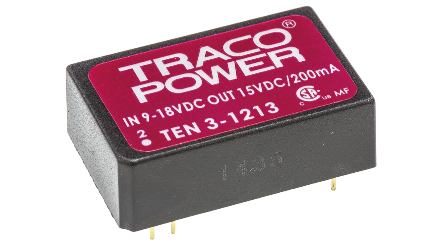 TRACOPOWER DC-DC átalakító, KI: 15V dc, 200mA / 3W, BE: 9 → 18 V DC