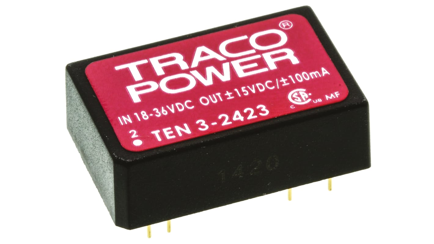 Convertisseur DC-DC TRACOPOWER, TEN 3, Montage traversant, 3W, 2 sorties, ±15V c.c., ±100mA