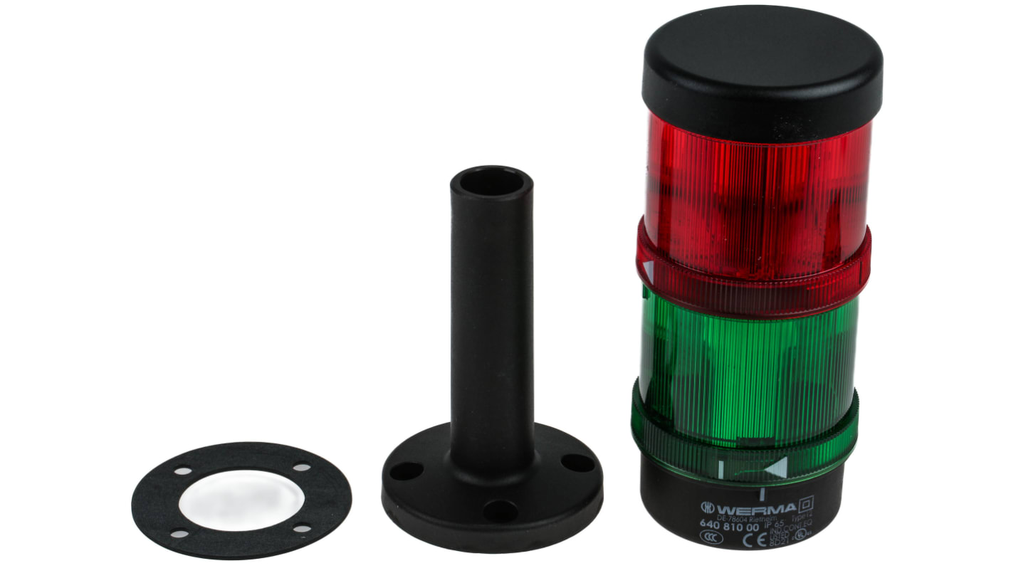 Werma KombiSIGN 71 Series Red/Green Signal Tower, 2 Lights, 24 V, Tube-mounted