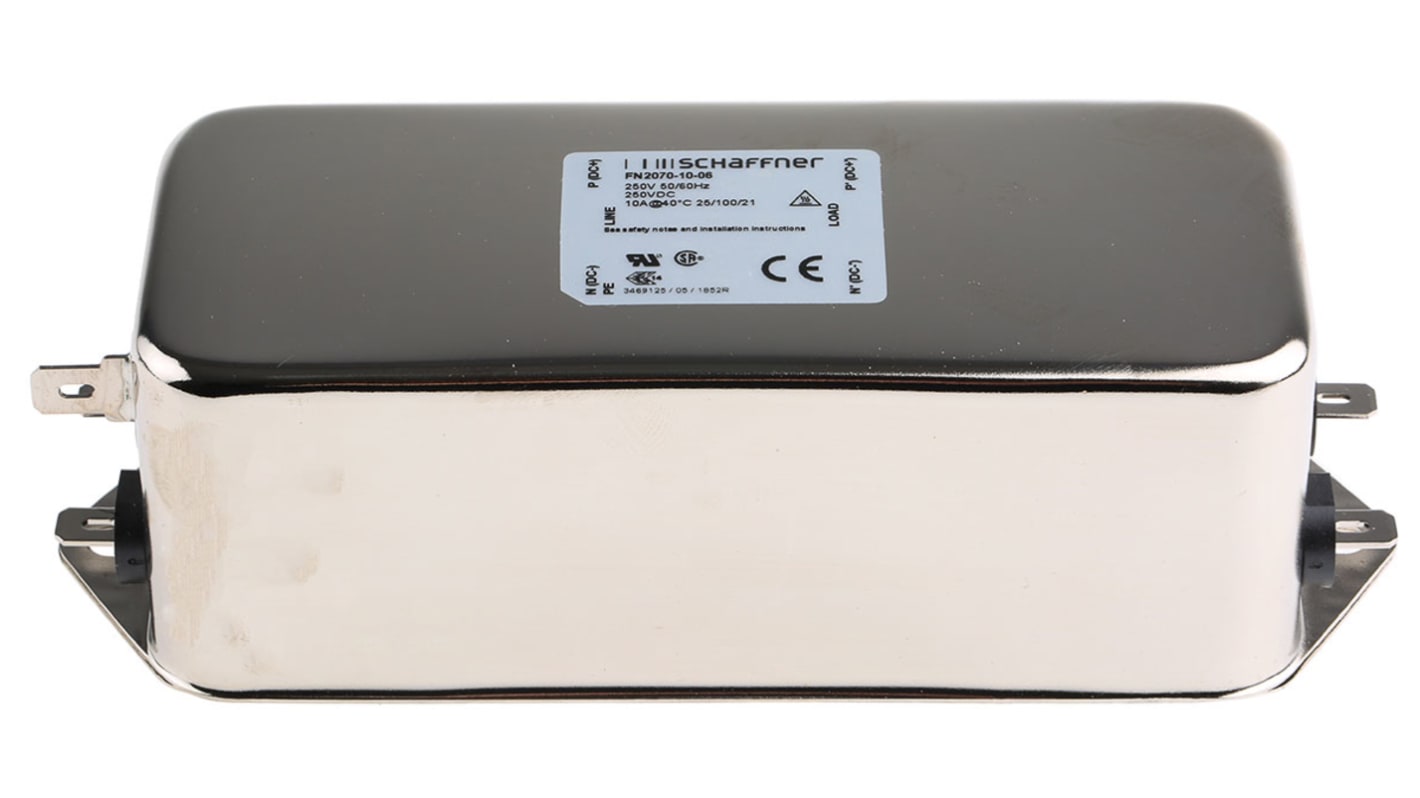 Filtro EMI Schaffner 1 μF, 4.7nF, 10A, 250 V AC / DC, 400Hz 4,5 mH, Montaje en Panel, con terminales Faston 0,734 mA,