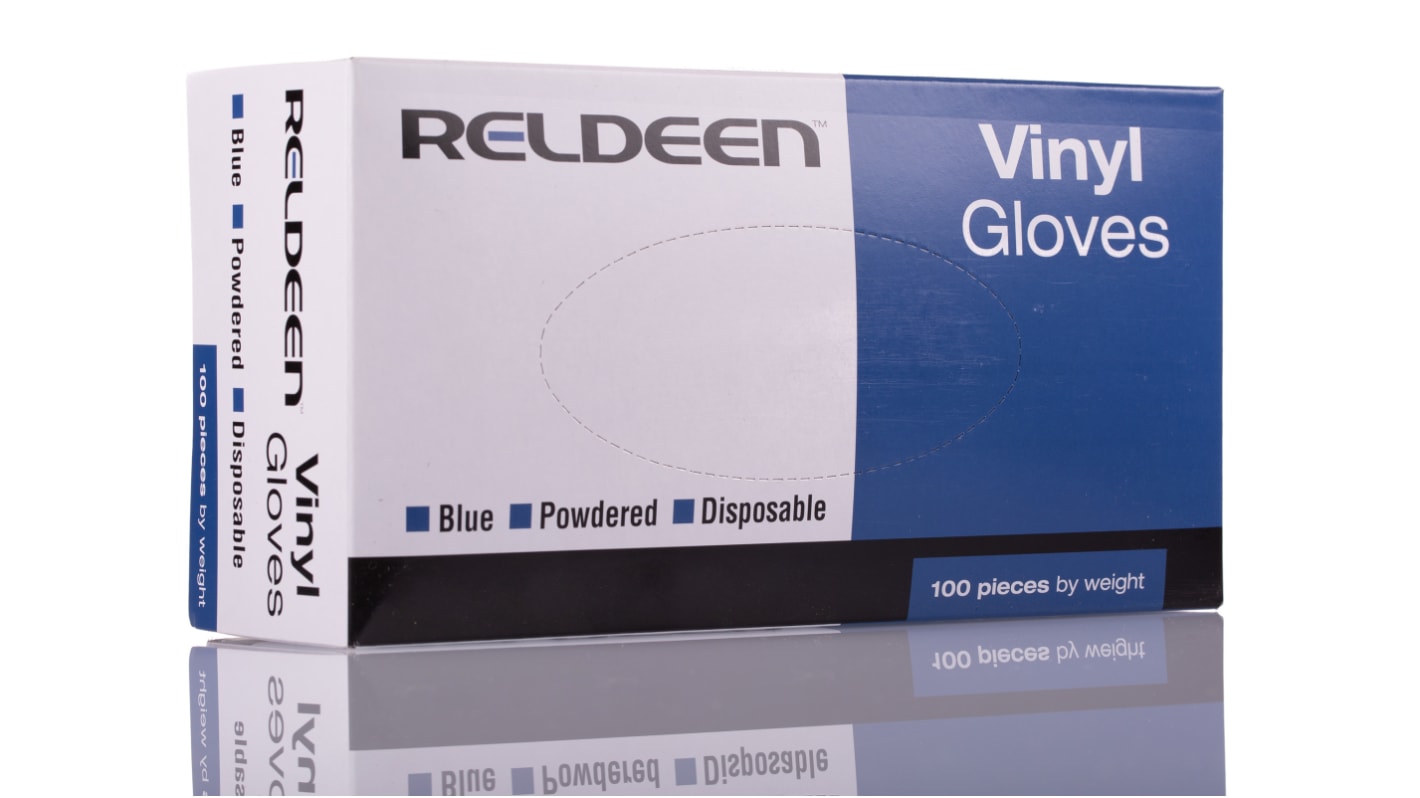 Reldeen Blue Powdered Vinyl Disposable Gloves, Size 9, Large, 100 per Pack