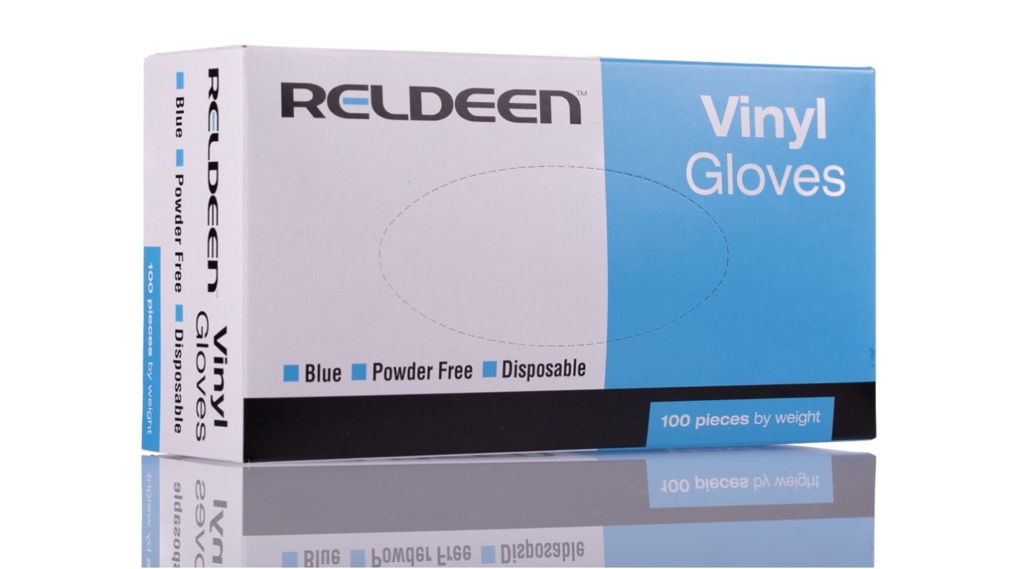Reldeen Blue Powder-Free Vinyl Disposable Gloves, Size 8, Medium, 100 per Pack