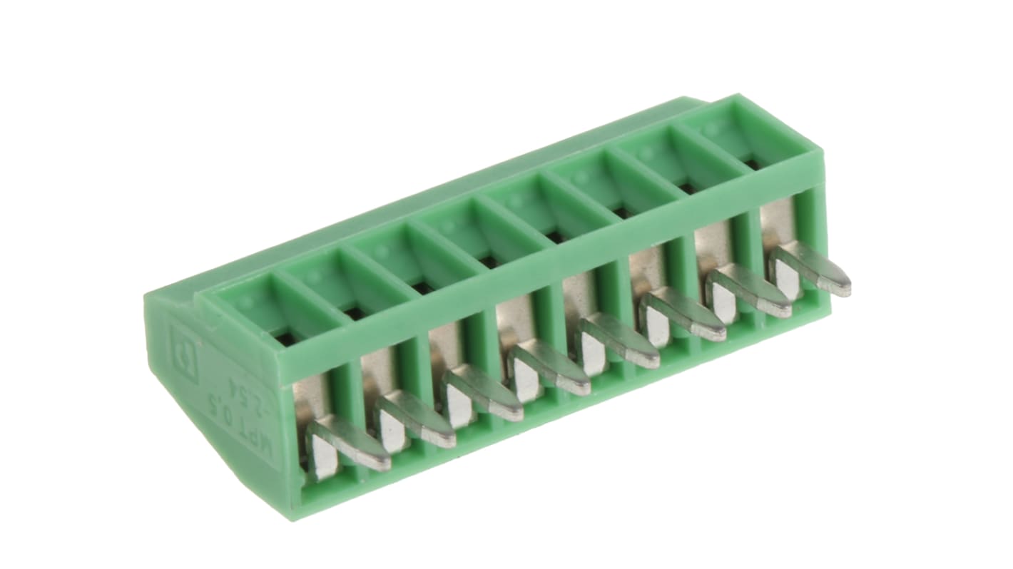 Borne para PCB Hembra Phoenix Contact de 8 vías , paso 2.54mm, 6A, de color Verde, montaje Montaje en orificio pasante,