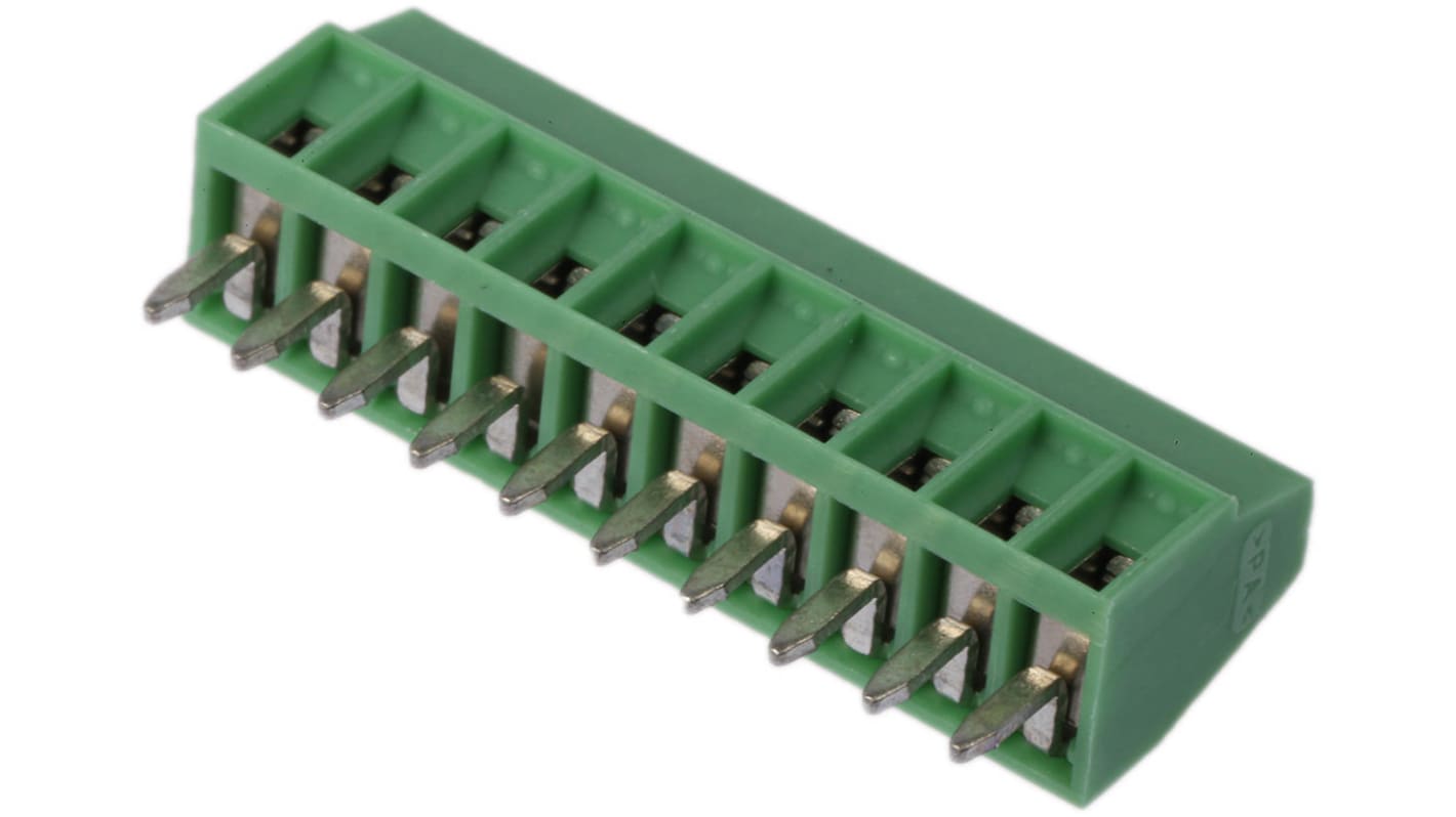 Borne para PCB Hembra Phoenix Contact de 10 vías , paso 2.54mm, 6A, de color Verde, montaje Montaje en orificio