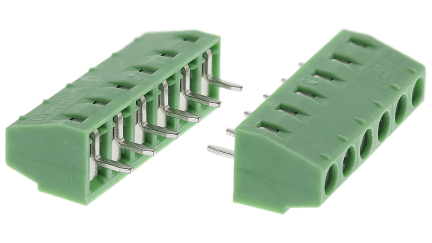 Borne para PCB Phoenix Contact de 6 vías, paso 3.81mm, 13.5A, de color Verde, montaje Montaje en orificio pasante,