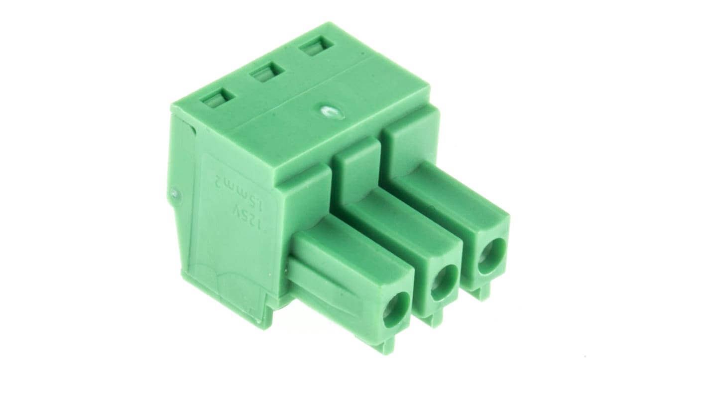 Borne enchufable para PCB Ángulo recto Phoenix Contact de 3 vías de 3 vías , paso 3.81mm, 8A, de color Verde, montaje