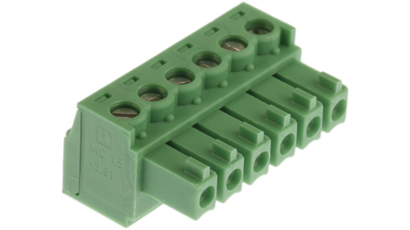 Borne enchufable para PCB Ángulo recto Phoenix Contact de 6 vías de 6 vías , paso 3.81mm, 8A, de color Verde, montaje