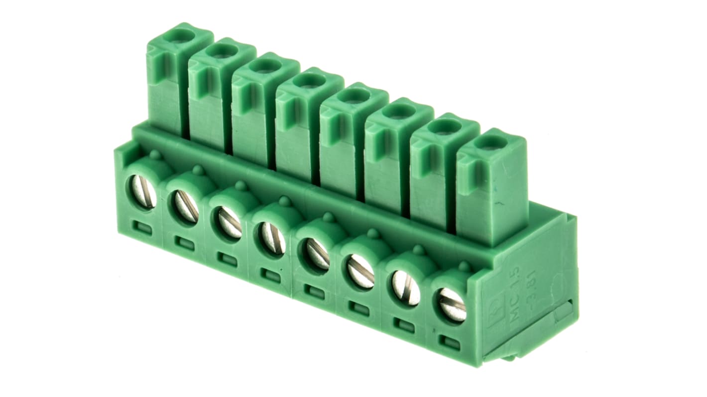 Borne enchufable para PCB Ángulo recto Phoenix Contact de 8 vías de 8 vías , paso 3.81mm, 8A, de color Verde, montaje