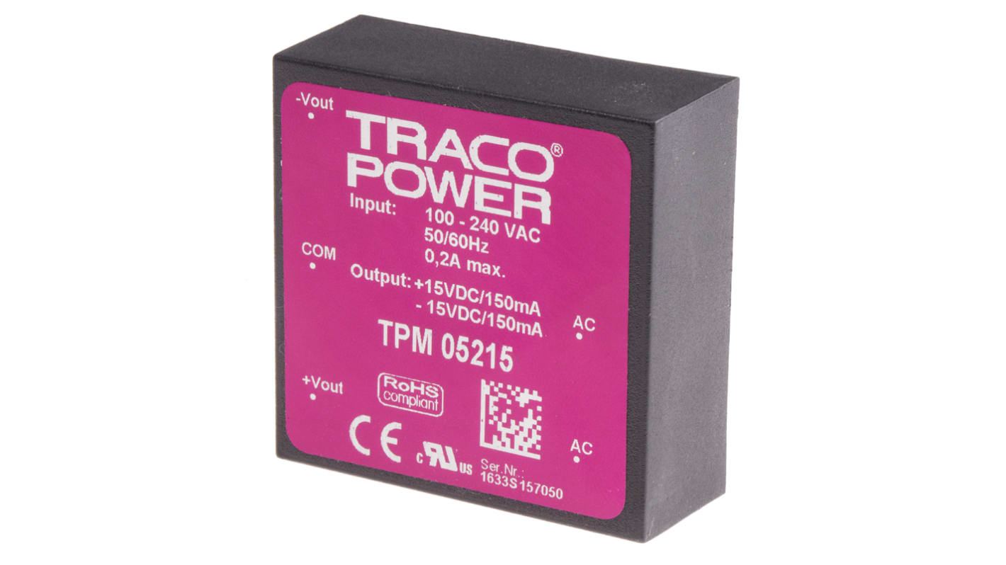 TRACOPOWER Embedded Switch Mode Power Supply SMPS, TPM 05215, ±15V dc, 150mA, 5W, Dual Output, 100 → 375 V dc,