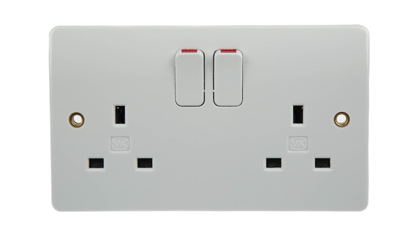 MK Electric White 2 Gang Plug Socket, 2 Poles, 13A, Type G - British, Indoor Use