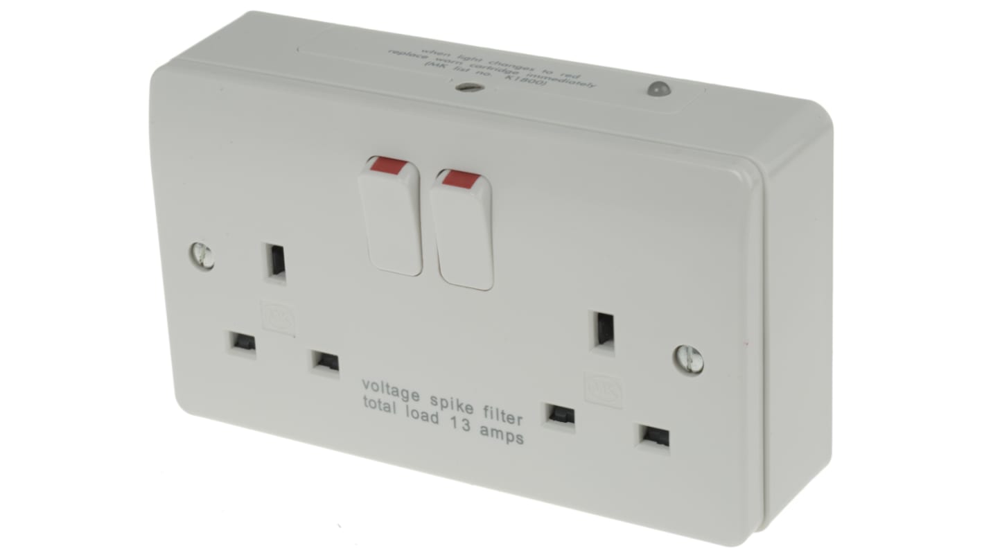 Presa elettrica, MK Electric K1816 WHI, 13A, 2 moduli, IP2XD, presa Tipo G - inglese, Bianco In interni, Montaggio a