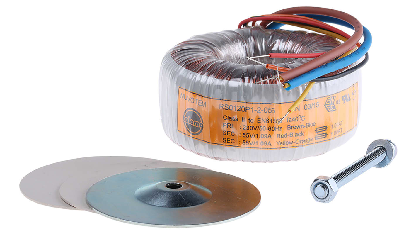 Transformador toroidal Nuvotem Talema, 0120P1-2-055, Tensión 2 x 55V ac, Potencia 120VA, 2 salidas