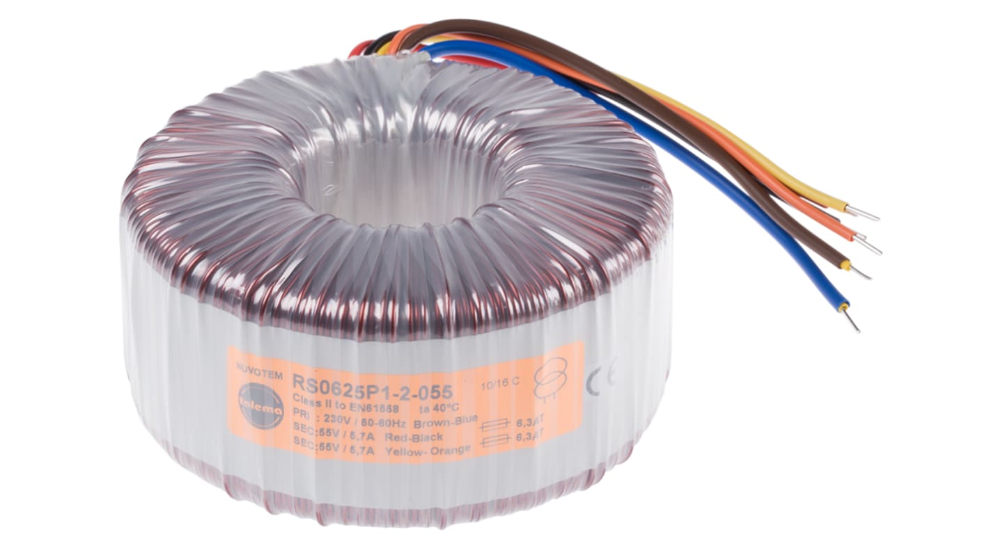 Transformador toroidal Nuvotem Talema, 0625P1-2-055, Tensión 2 x 55V ac, Potencia 625VA, 2 salidas