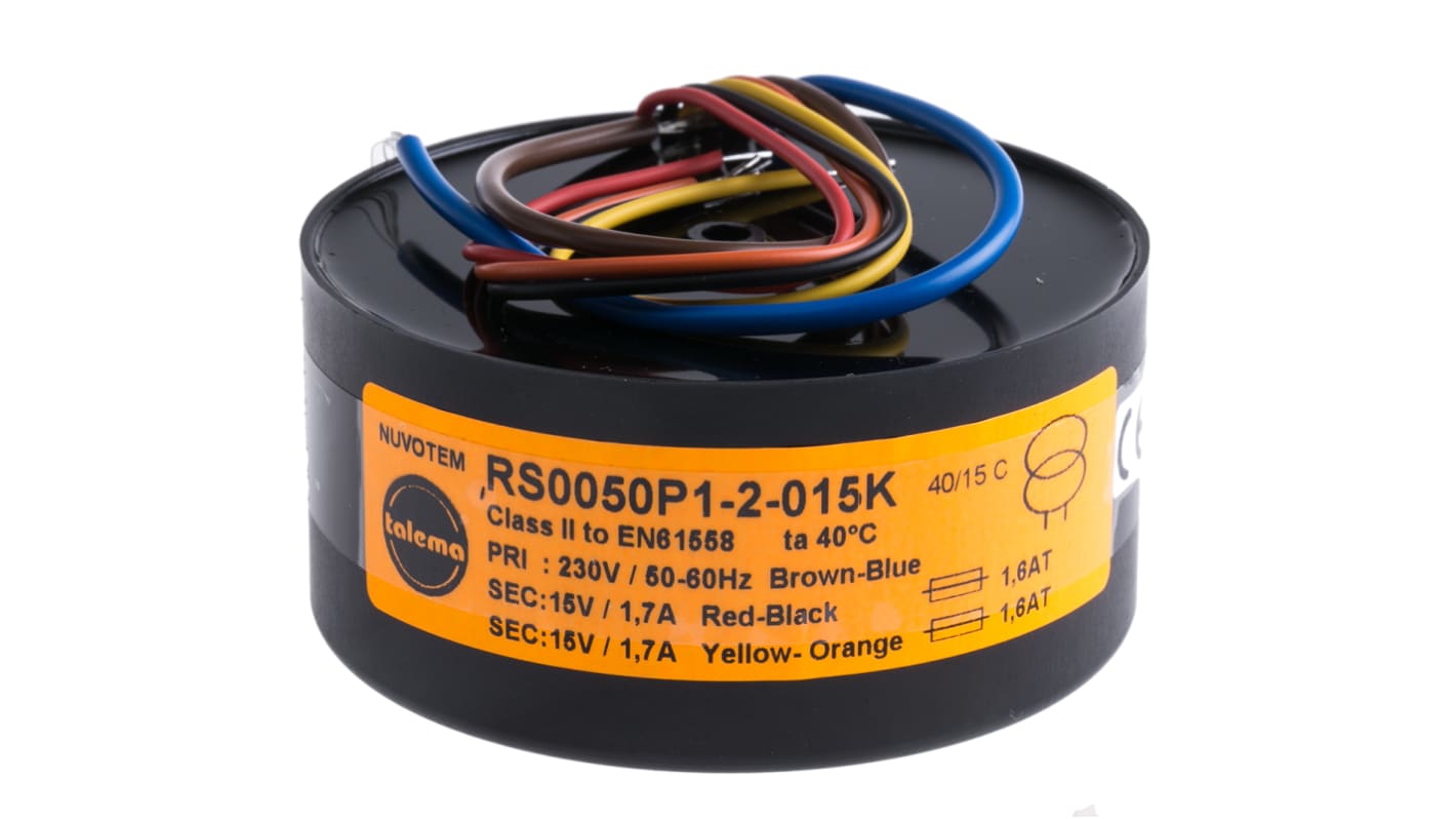 Nuvotem Talema 230V ac, 2 x 15V ac Toroidal Transformer, 50VA 2 Output