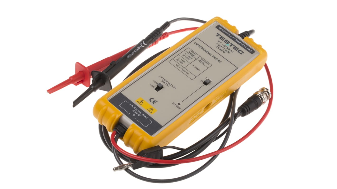 Testec SI Series TT-SI 9002 Oscilloscope Probe, Active, Differential Type, 25MHz, 1:20, 1:200, BNC Connector