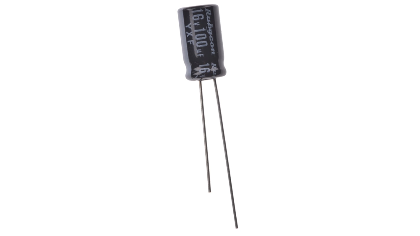 Condensador electrolítico Rubycon serie YXF, 100μF, ±20%, 16V dc, Radial, Orificio pasante, 6.3 (Dia.) x 11mm, paso