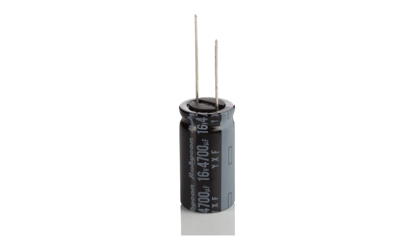 Condensador electrolítico Rubycon serie YXF, 4700μF, ±20%, 16V dc, Radial, Orificio pasante, 16 (Dia.) x 31.5mm, paso