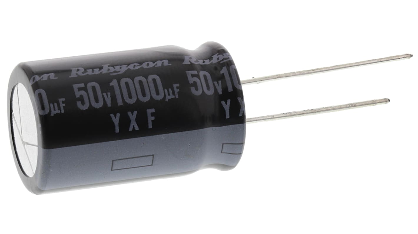 Condensador electrolítico Rubycon serie YXF, 1000μF, ±20%, 50V dc, Radial, Orificio pasante, 16 (Dia.) x 25mm, paso