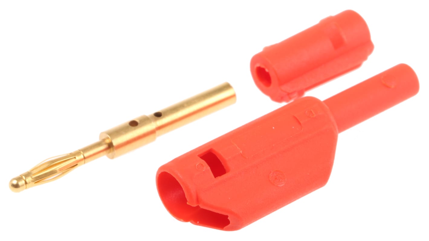 Conector banana Macho, 10A, 600V, Contacto Oro, Rojo