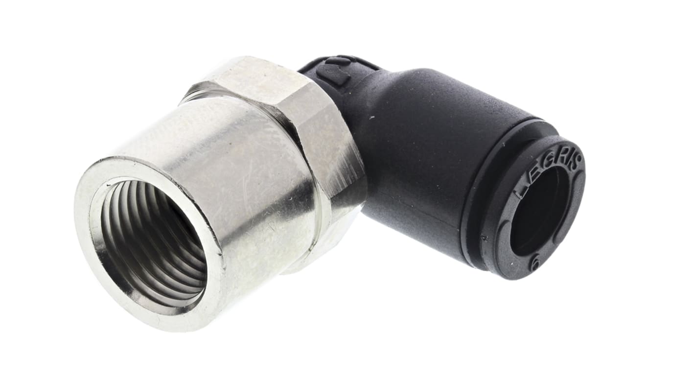 Legris LF3000 Series Elbow Threaded Adaptor, G 1/8 Female to Push In 6 mm, Threaded-to-Tube Connection Style