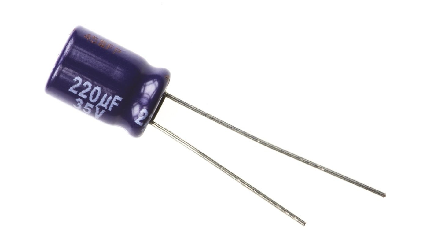 Condensador electrolítico Panasonic serie M-A, 220μF, ±20%, 35V dc, Radial, Orificio pasante, 8 (Dia.) x 11.5mm, paso