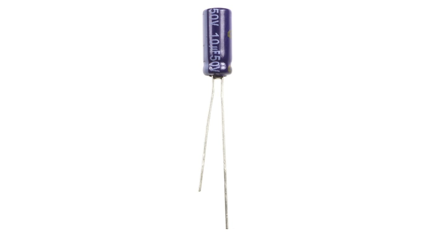 Condensador electrolítico Panasonic serie M-A, 10μF, ±20%, 50V dc, Radial, Orificio pasante, 5 (Dia.) x 11mm, paso 2mm