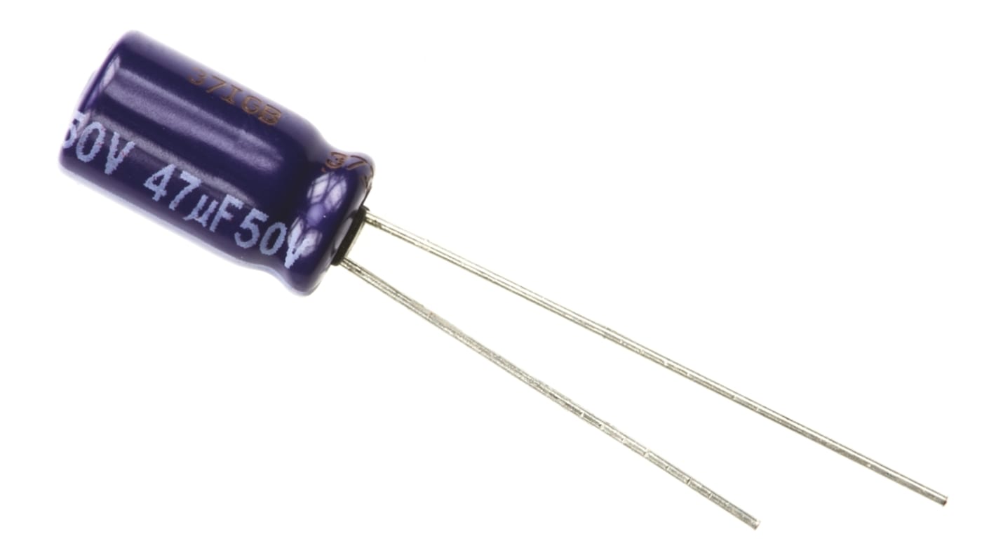 Condensador electrolítico Panasonic serie M-A, 47μF, ±20%, 50V dc, Radial, Orificio pasante, 6.3 (Dia.) x 11.2mm, paso