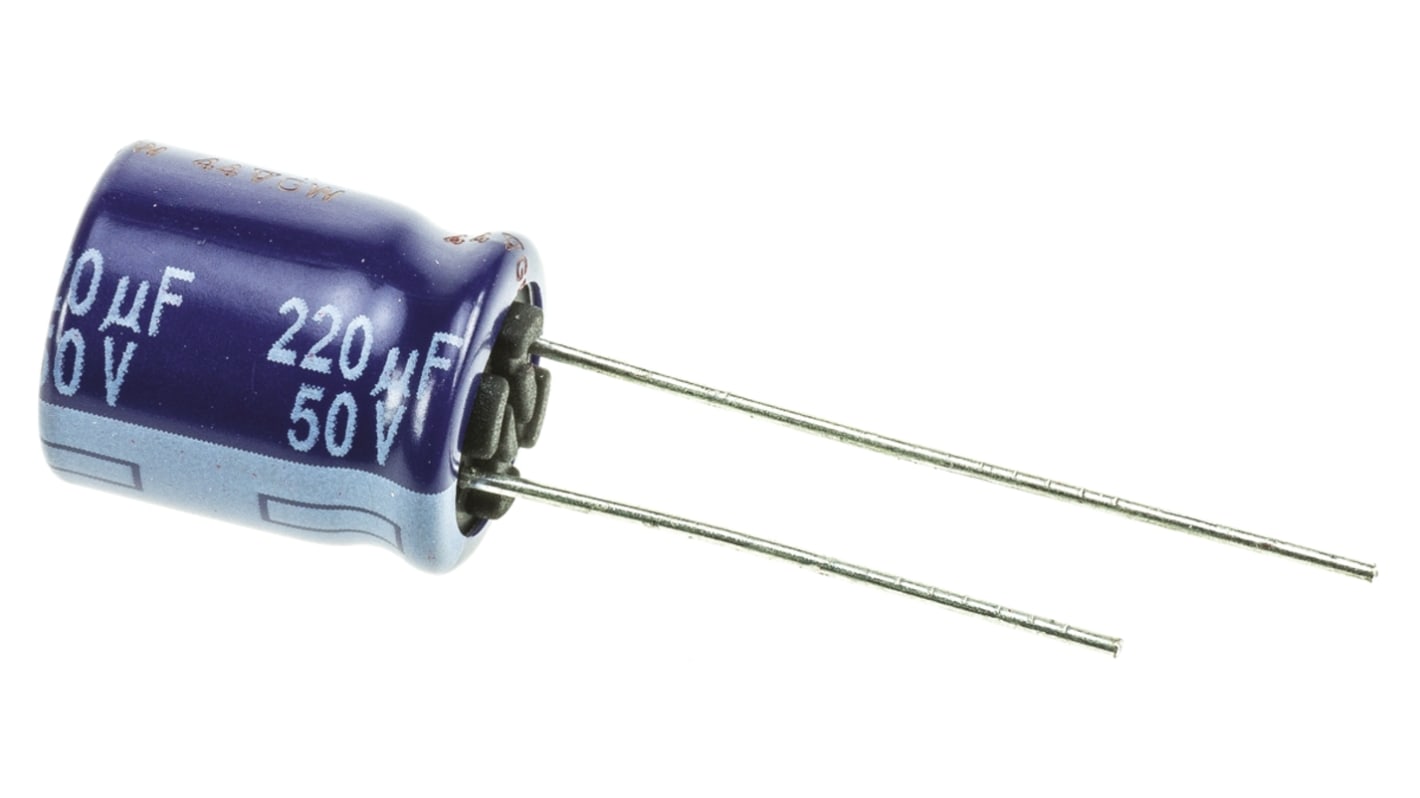 Condensador electrolítico Panasonic serie M-A, 220μF, ±20%, 50V dc, Radial, Orificio pasante, 10 (Dia.) x 12.5mm, paso