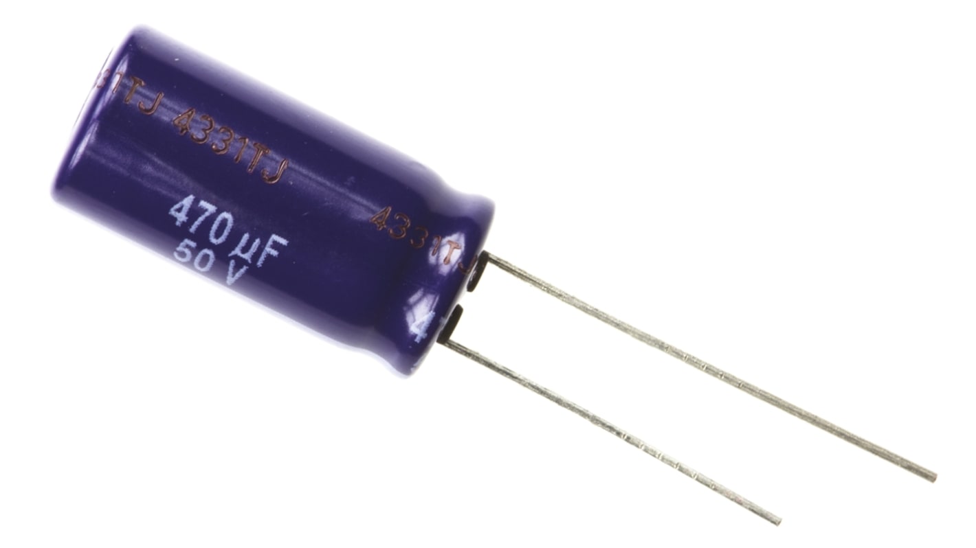 Kondenzátor, řada: M-A 470μF ±20% 50V dc, Radiální, Průchozí otvor Hliníkové elektrolytické Panasonic