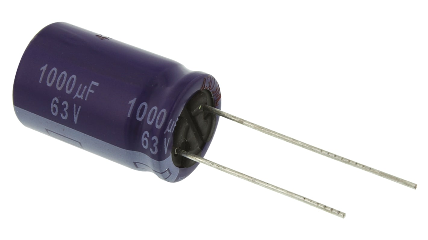 Panasonic 1000μF Aluminium Electrolytic Capacitor 63V dc, Radial, Through Hole - ECA1JM102