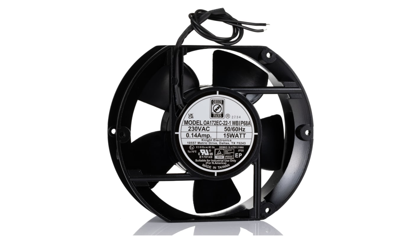 RS PRO Axial Fan, 230 V ac, AC Operation, 220 ± 15%cfm, 15 ± 15%W, 0.14 ± 15%A Max, 172 x 150 x 51mm