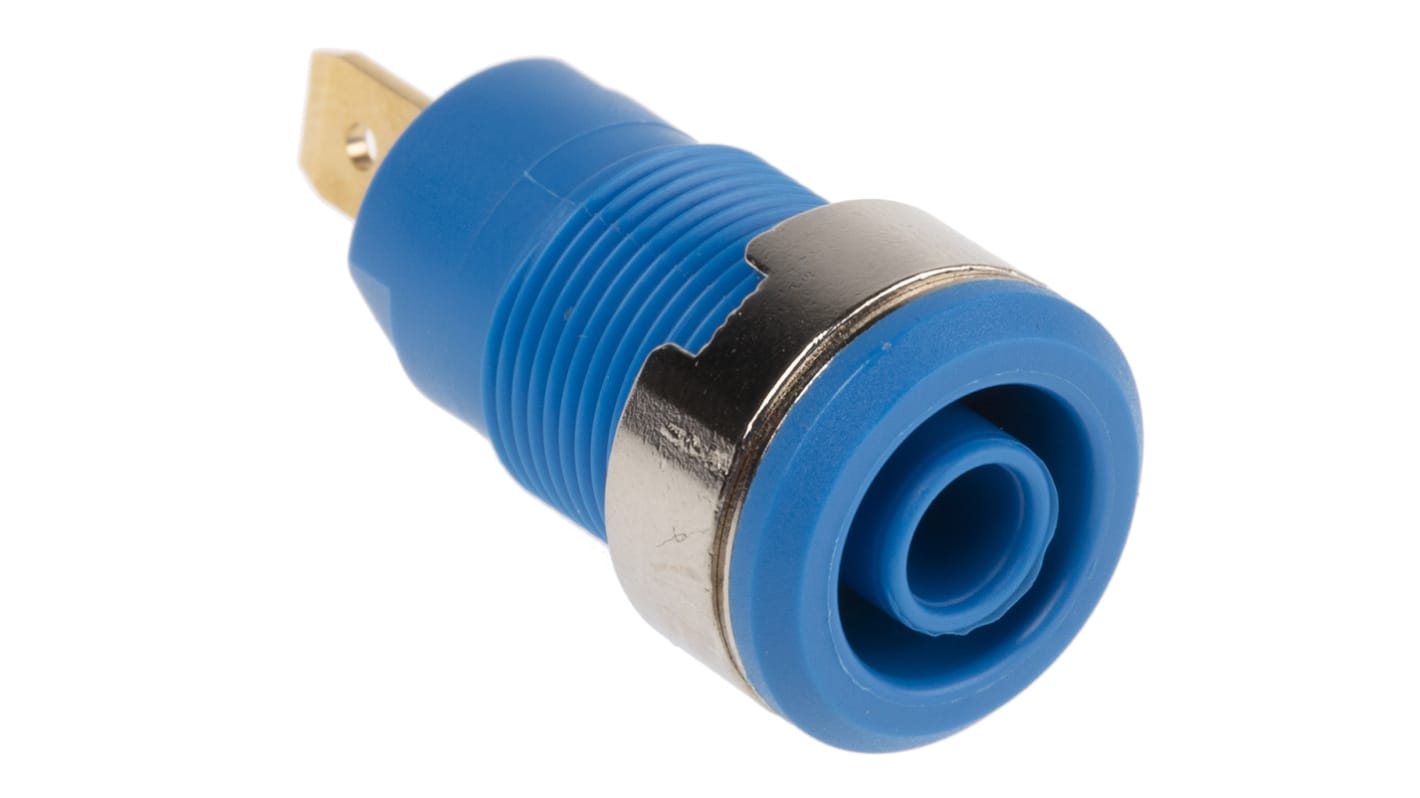 Stäubli 4 mm Bananenbuchse Blau, Kontakt vergoldet, 1000V / 24A Flachstecker