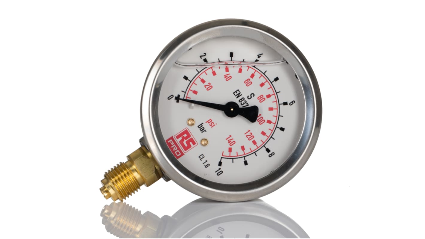 RS PRO G 1/4 Analogue Pressure Gauge 10bar Bottom Entry, 0bar min.