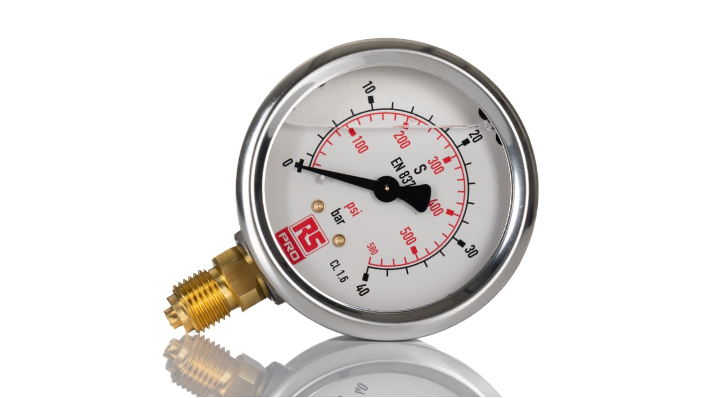 RS PRO G 1/4 Analogue Pressure Gauge 40bar Bottom Entry, 0bar min. RS