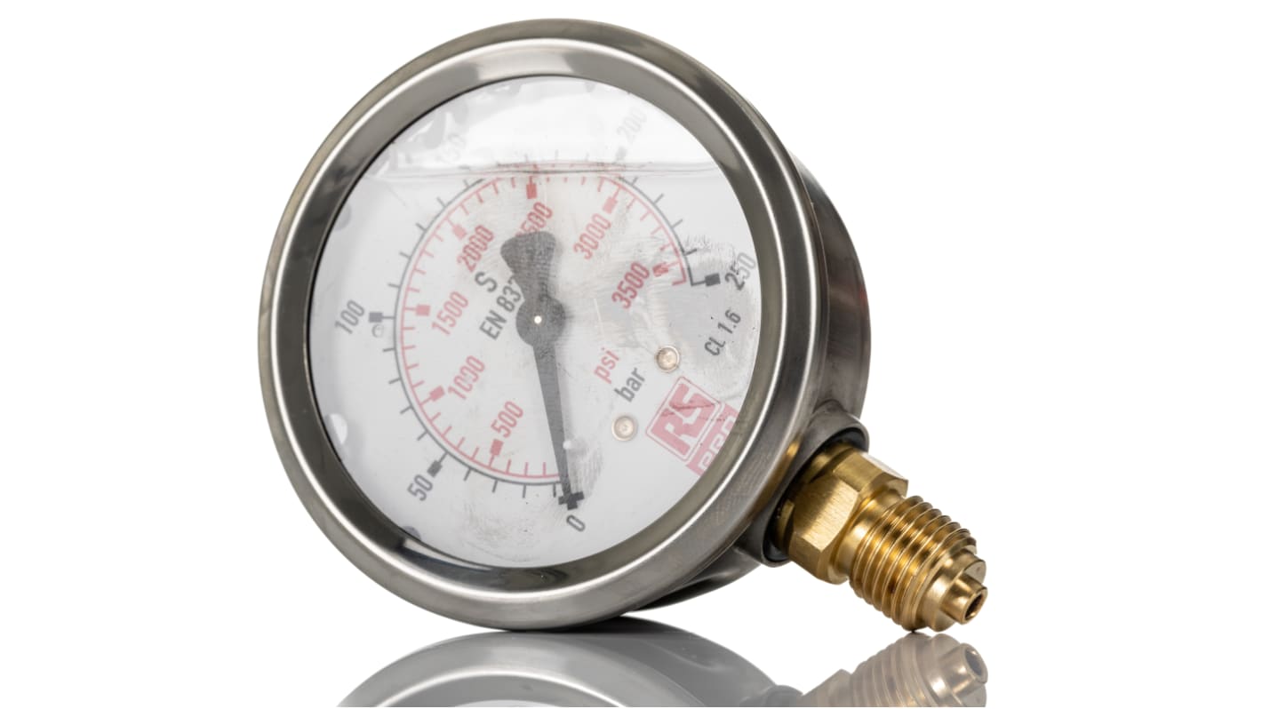 RS PRO G 1/4 Analogue Pressure Gauge 250bar Bottom Entry, 0bar min. RS