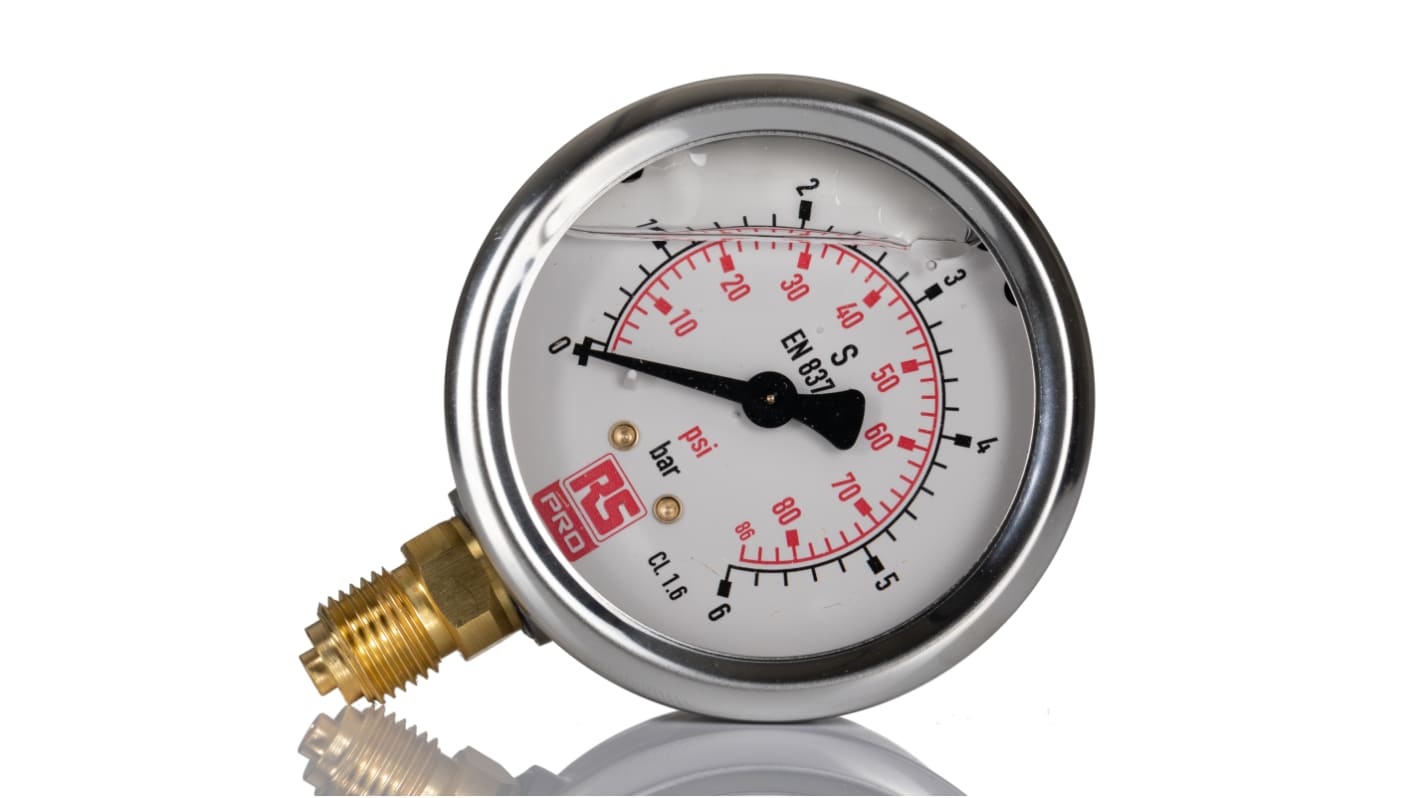 RS PRO G 1/4 Analogue Pressure Gauge 6bar Bottom Entry, 0bar min.