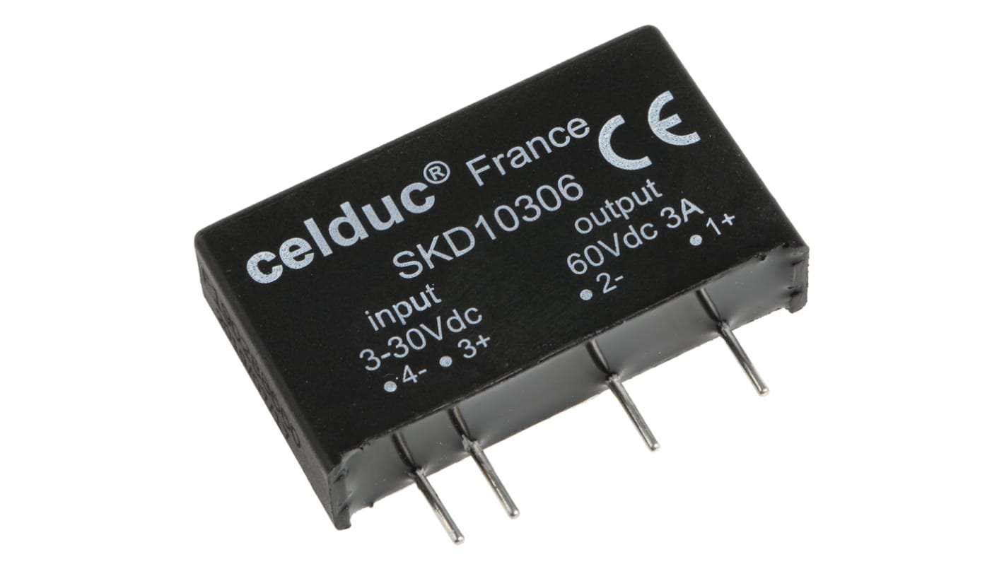 Celduc SK Series Solid State Relay, 3 A Load, PCB Mount, 60 V dc Load, 30 V dc Control