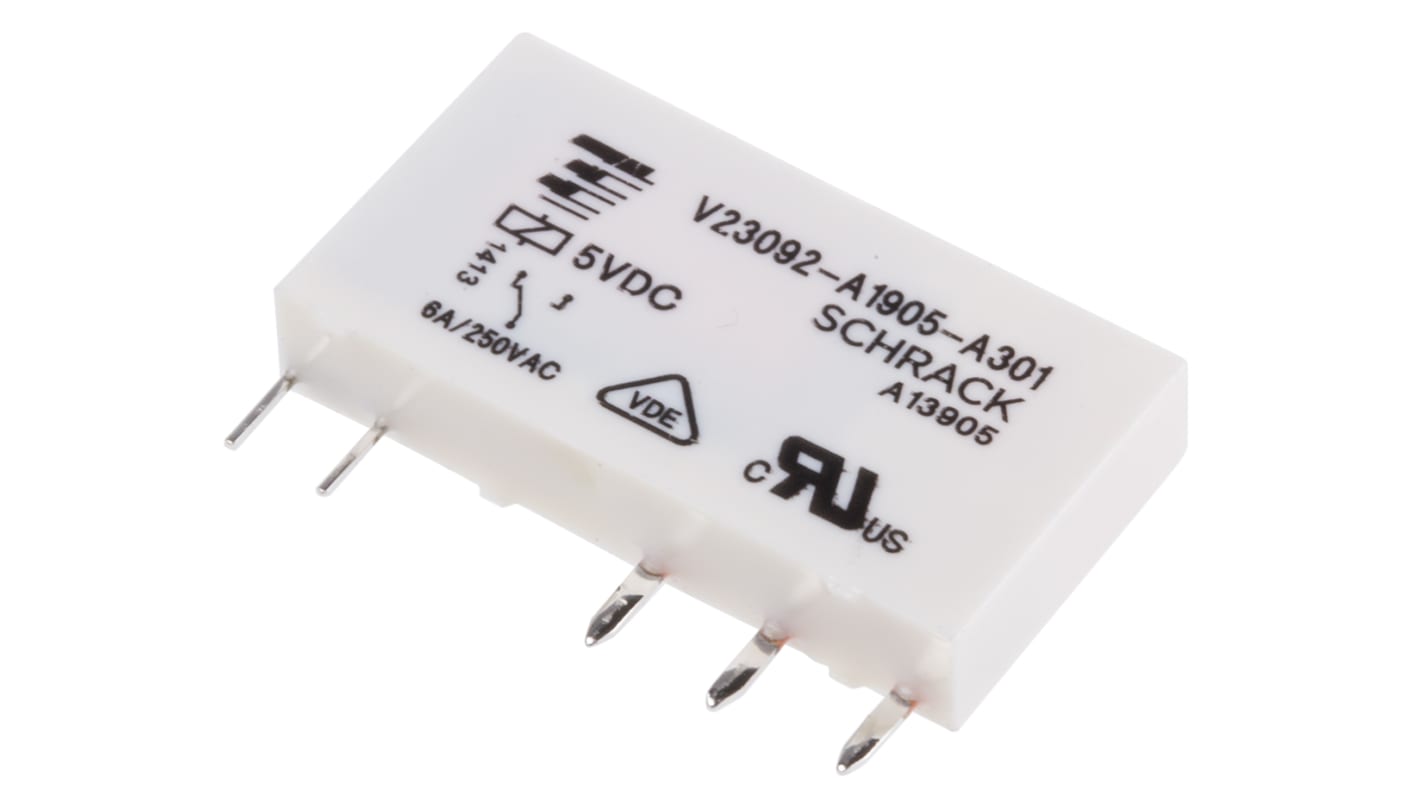 TE Connectivity PCB Mount Power Relay, 5V dc Coil, 6A Switching Current, SPDT