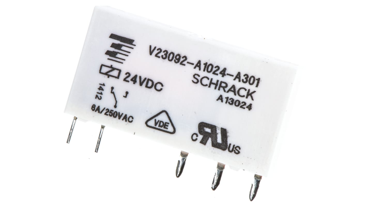 TE Connectivity PCB Mount Power Relay, 24V dc Coil, 6A Switching Current, SPDT