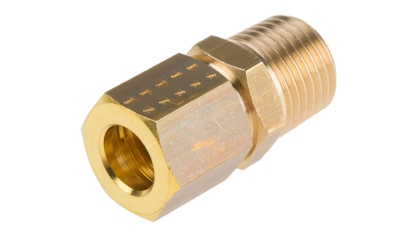 Legris Brass Pipe Fitting, Straight Compression Coupler, Male R 1/4in to Female 8mm