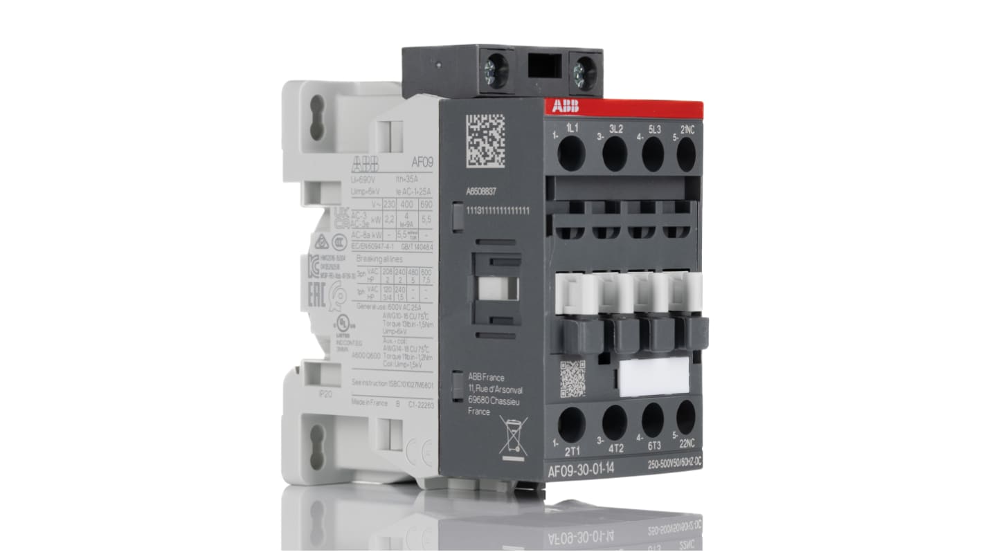 Contattore ABB, 3 poli, 3NO+1NC, 25 A, 5,5 kW, bobina 250 → 500 V.